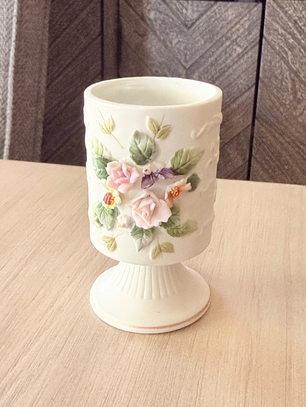 Vintage Lefton China Small Hand-Painted Floral Pedestal Vase / Holder KW1196